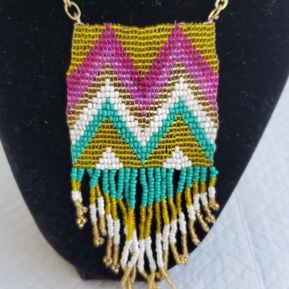 Beaded Chevron Fringe Necklace Gold Chain Pink Green Gold Bead Necklace 3/$25 - Picture 1 of 6